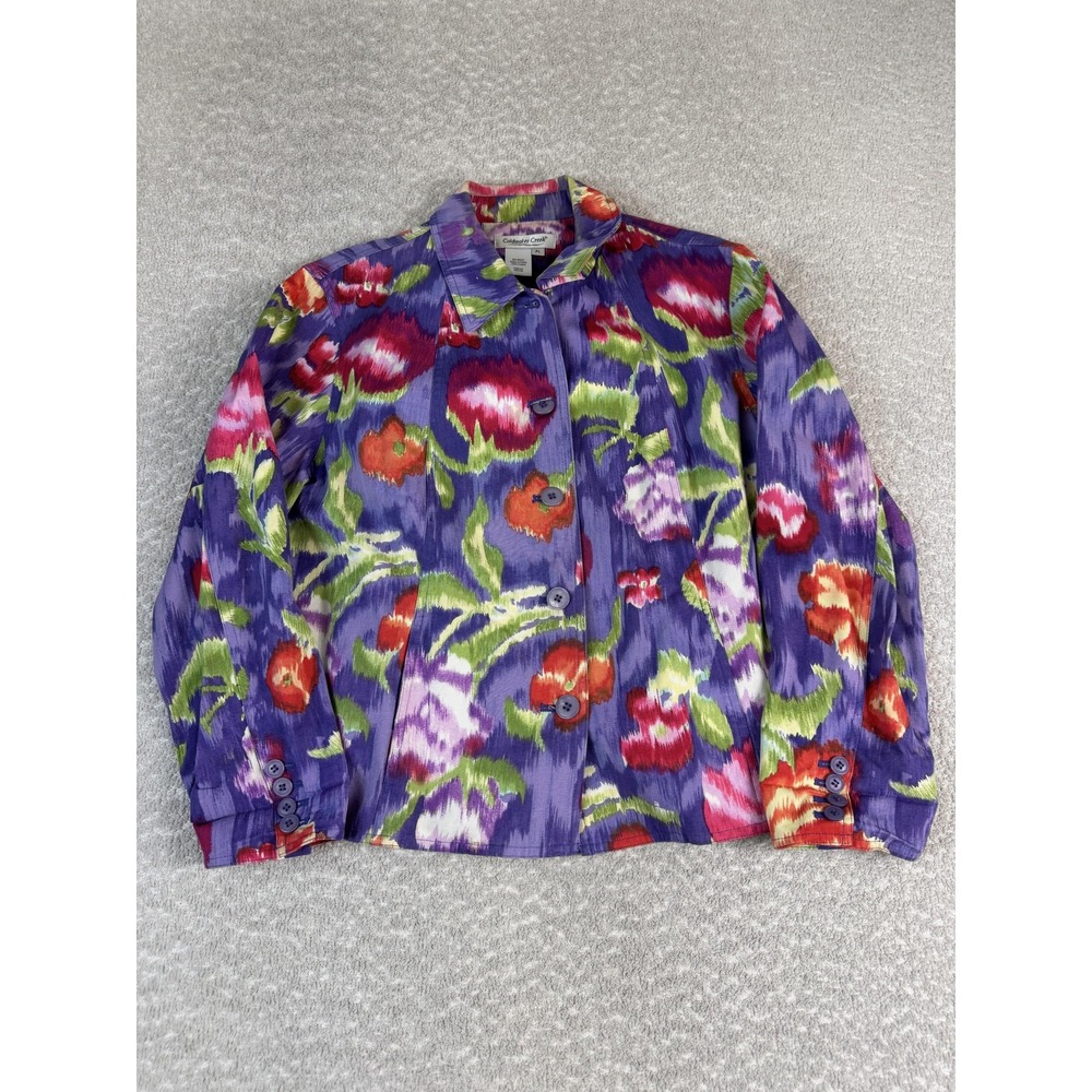 Coldwater Creek Jacket Womens PL Purple Floral 100% Cotton Button Front Short
